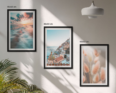 Triptykon billeder med ramme Havsolnedgang huser blomster