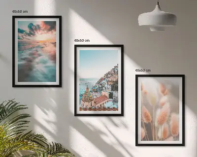 Triptykon med havsolnedgang og blomster inklusive ramme