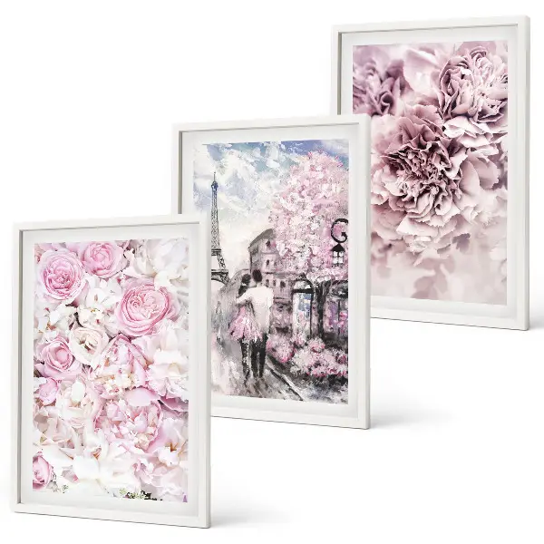 Triptykon med blomstret landskab billeder i lyserøde nuancer med ramme