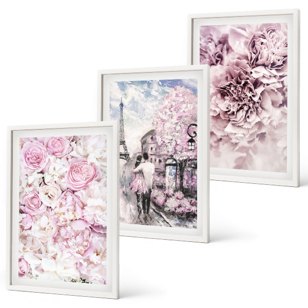 Triptykon billeder med ramme Blomster i nuancer af lyserødt landskab