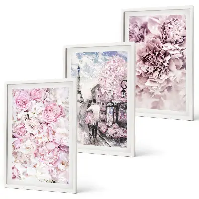 Triptykon med blomstret landskab billeder i lyserøde nuancer med ramme