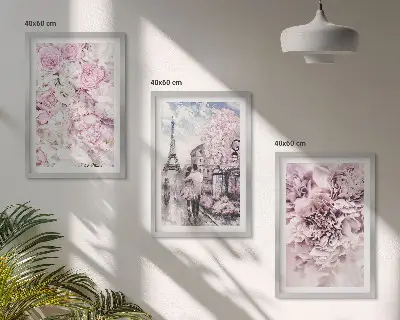 Triptykon med blomstret landskab billeder i lyserøde nuancer med ramme