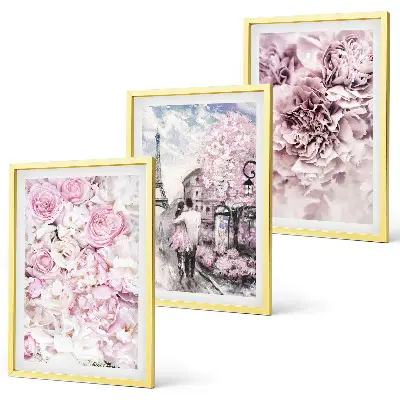 Triptykon med blomstret landskab billeder i lyserøde nuancer med ramme