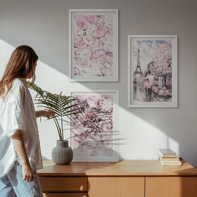 Triptykon billeder med ramme Blomster i nuancer af lyserødt landskab
