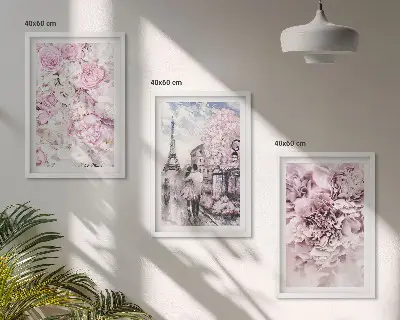 Triptykon med blomstret landskab billeder i lyserøde nuancer med ramme