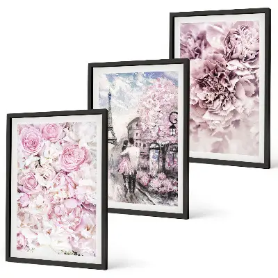 Triptykon med blomstret landskab billeder i lyserøde nuancer med ramme