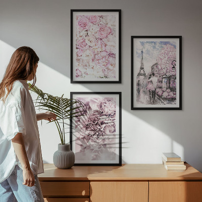 Triptykon billeder med ramme Blomster i nuancer af lyserødt landskab