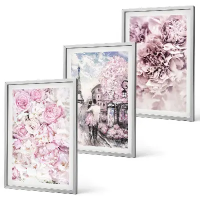 Triptykon med blomstret landskab billeder i lyserøde nuancer med ramme