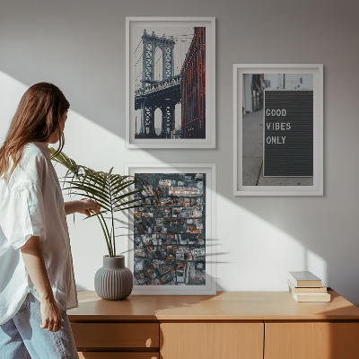 Triptykon billeder med ramme Bridge city inskriptioner fugleudsigt