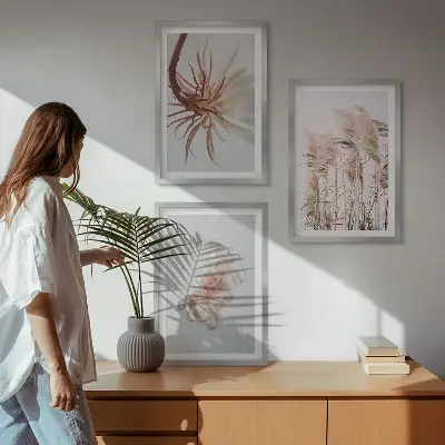 Græsblomster på lys baggrund triptykon med ramme