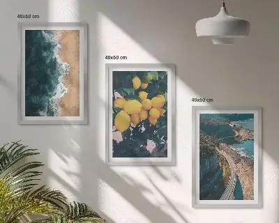 Billedsæt til soveværelset med motiv af hav, strand, citroner og bjerge