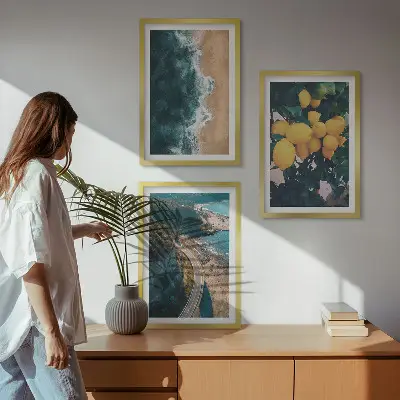 Billedsæt til soveværelset med motiv af hav, strand, citroner og bjerge