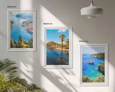 Billedsæt til soveværelset med motiv af strandpalmer og blåt vand