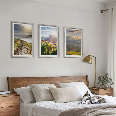 Triptykon billeder med ramme Bjerglandskab med blomster