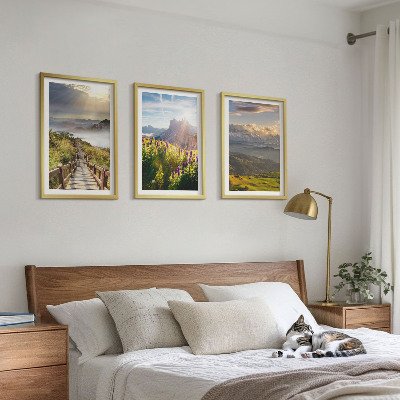 Triptykon billeder med ramme Bjerglandskab med blomster