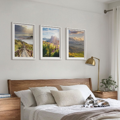 Triptykon billeder med ramme Bjerglandskab med blomster