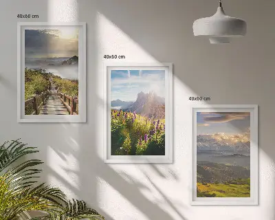 Bjerglandskab med blomster triptykon med ramme