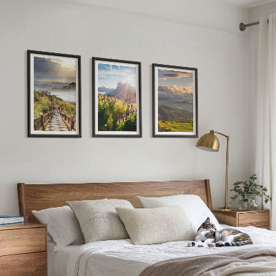 Triptykon billeder med ramme Bjerglandskab med blomster