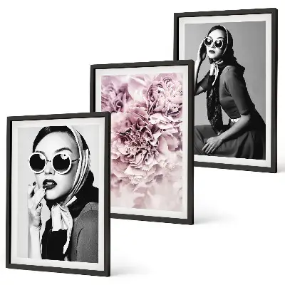 Triptykon med portrætter af kvinder og blomster indrammede billeder
