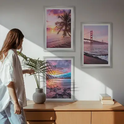 Billedvæg med inspiration solnedgang over bro i landskab