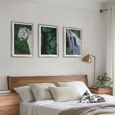 Billedvæg med hvid tiger og vandfald inspiration til din indretning