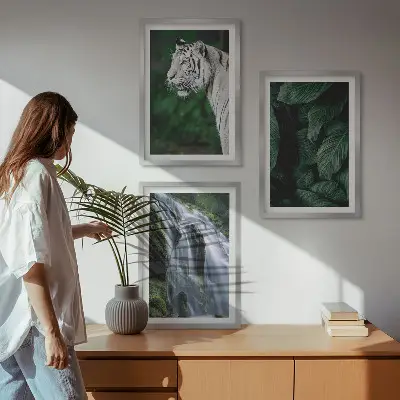 Billedvæg med hvid tiger og vandfald inspiration til din indretning