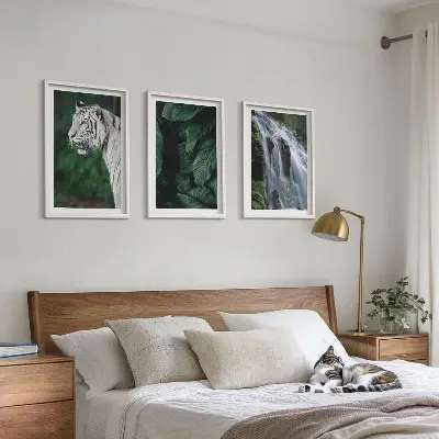 Billedvæg med hvid tiger og vandfald inspiration til din indretning