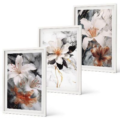 Triptykon billeder med ramme Blomster marmor hvid sort
