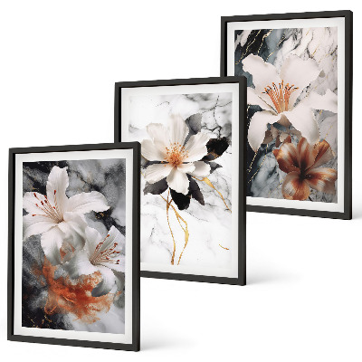 Triptykon billeder med ramme Blomster marmor hvid sort