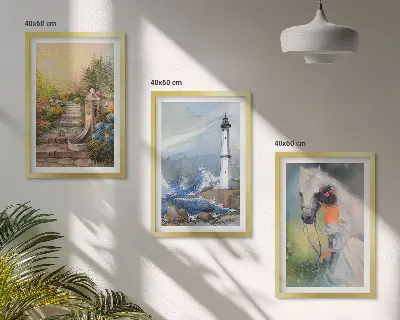 Billedsæt til soveværelset med motiv af landskab, fyrtårn, hest og pige