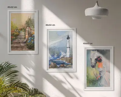 Billedsæt til soveværelset med motiv af landskab, fyrtårn, hest og pige
