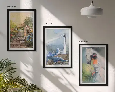 Billedsæt til soveværelset med motiv af landskab, fyrtårn, hest og pige