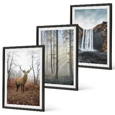 Triptyk-billeder med ramme motiver af vild natur i skovlandskaber