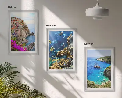Billedvæg udsigt over havet med farverige huse