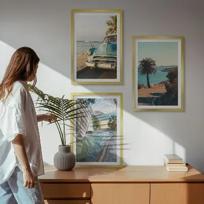 Billedsæt til soveværelset med motiv af feriepalmer og vandfald