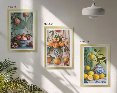 Triptykon med granatæbler, ferskner og citroner billeder med ramme