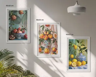 Triptykon med granatæbler, ferskner og citroner billeder med ramme