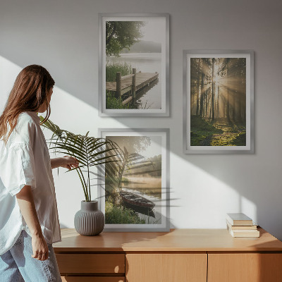 Billedvæg inspiration Sø, skov, båd, morgentåge