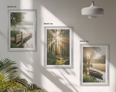 Billedvæg inspiration Sø, skov, båd, morgentåge