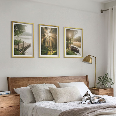 Billedvæg inspiration Sø, skov, båd, morgentåge