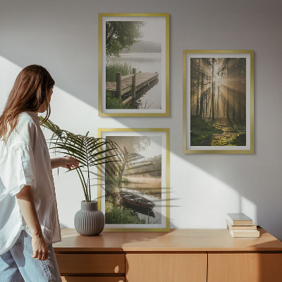 Billedvæg inspiration Sø, skov, båd, morgentåge
