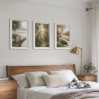 Billedvæg inspiration Sø, skov, båd, morgentåge