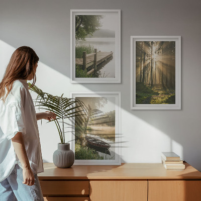 Billedvæg inspiration Sø, skov, båd, morgentåge