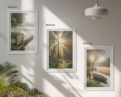 Billedvæg inspiration Sø, skov, båd, morgentåge