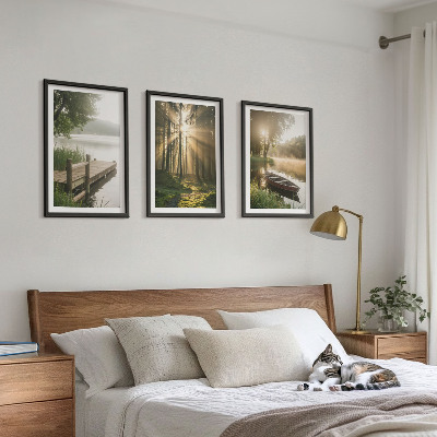 Billedvæg inspiration Sø, skov, båd, morgentåge