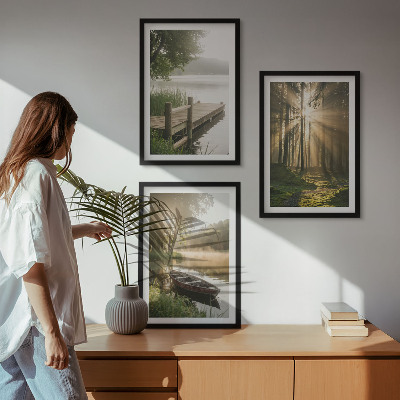 Billedvæg inspiration Sø, skov, båd, morgentåge