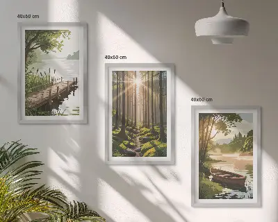 Triptykon billede med skov, sø og båd med ramme