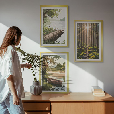 Triptykon billeder med ramme Landskab af skov, sø, båd