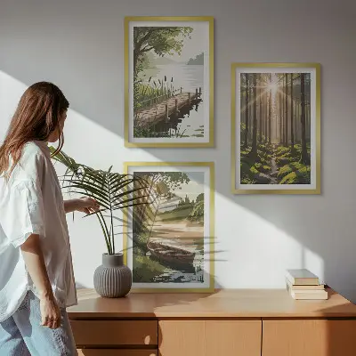 Triptykon billede med skov, sø og båd med ramme
