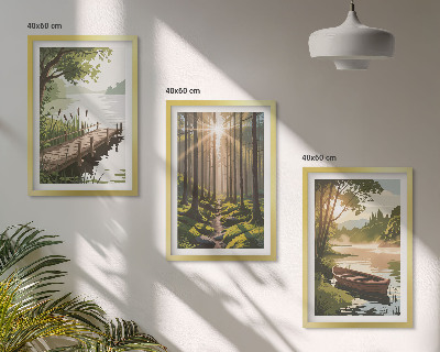 Triptykon billeder med ramme Landskab af skov, sø, båd
